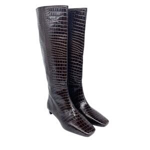 Frances Valentine Mackie Knee High Boot Brown Croc Embossed Leather Size 8.5 B